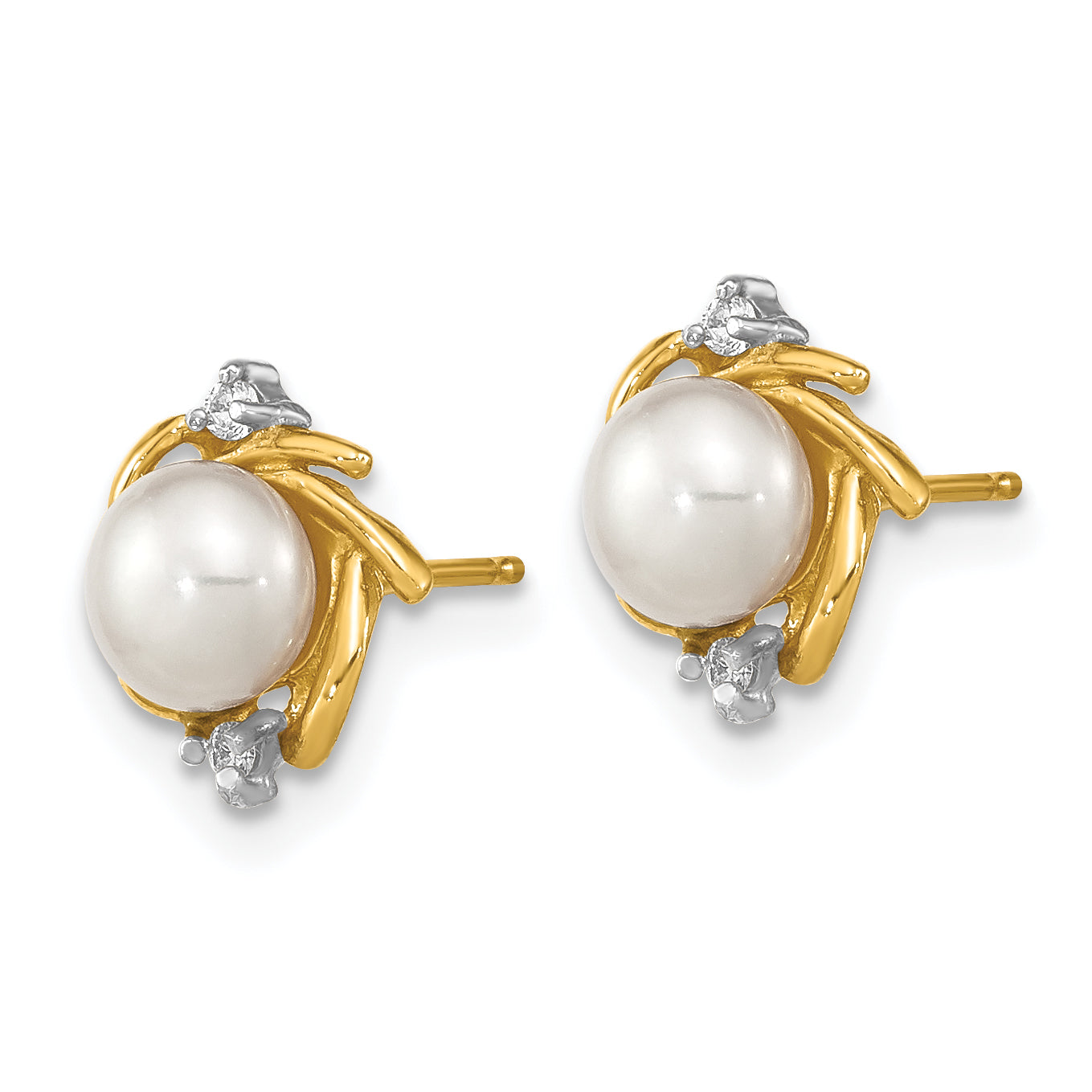 14K Madi K 5-6mm Button White FWC Pearl .04ct. Diamond Earrings