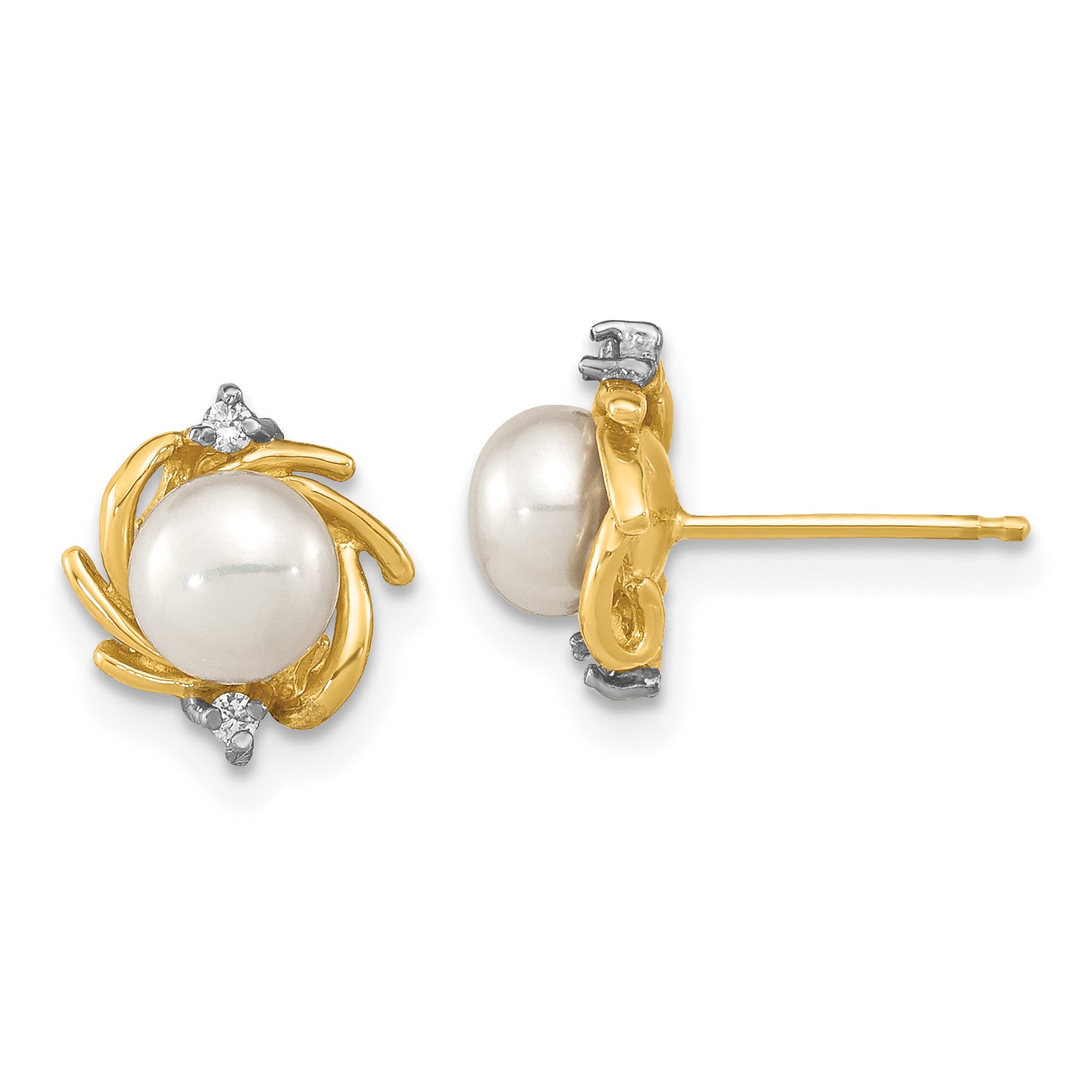 14K Madi K 5-6mm Button White FWC Pearl .04ct. Diamond Earrings