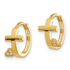 14k Madi K Polished Cross w/CZ Heart Hinged Huggie Hoop Earrings