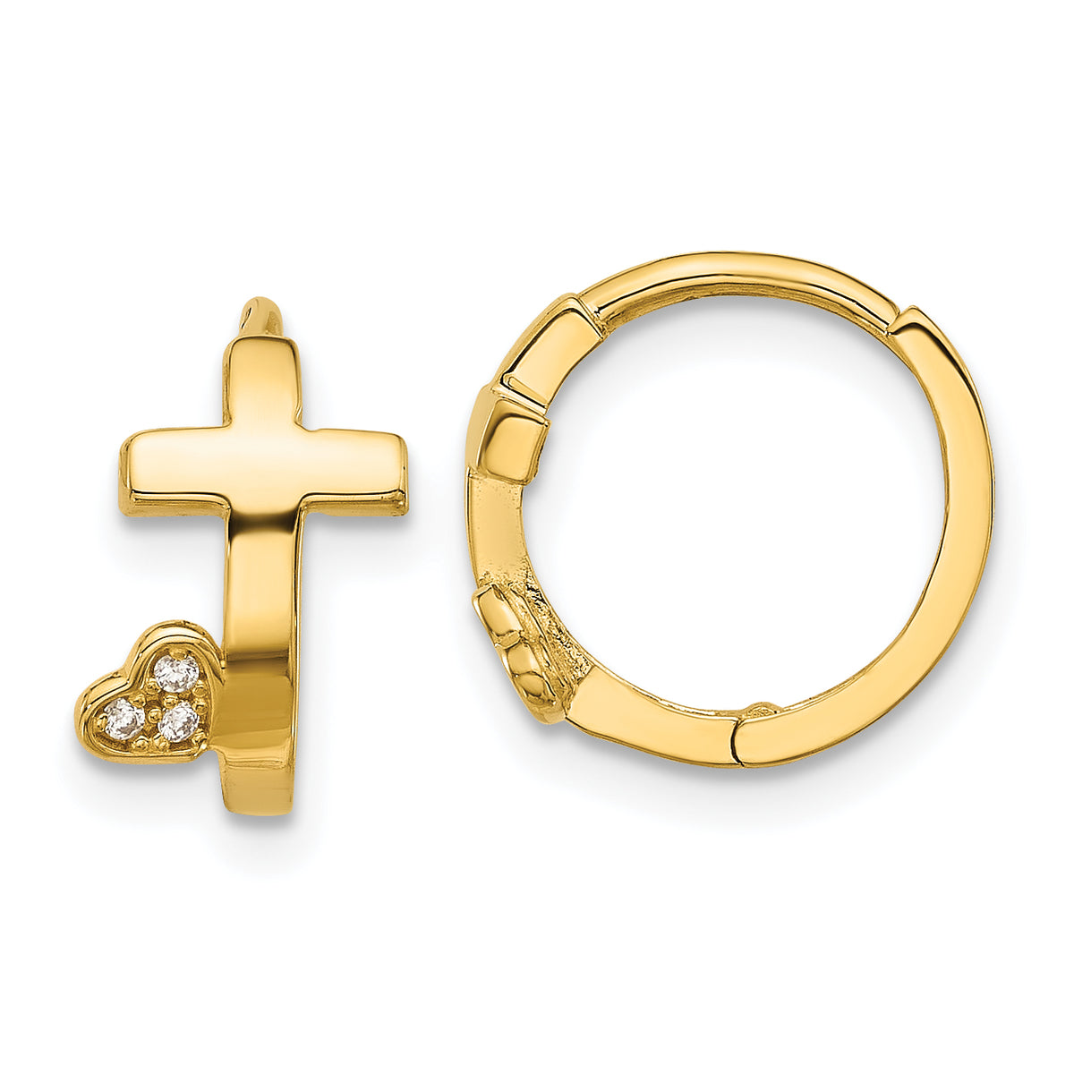 14k Madi K Polished Cross w/CZ Heart Hinged Huggie Hoop Earrings