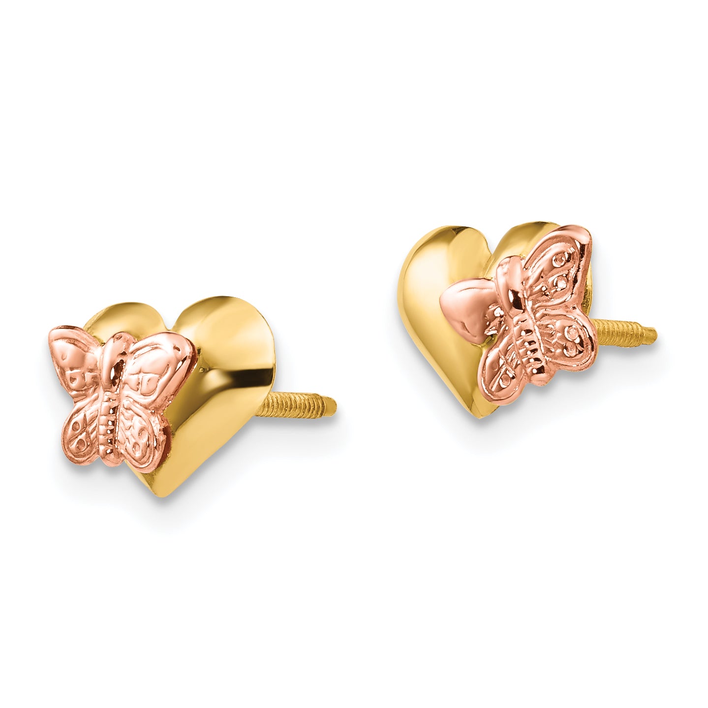 14K Gold Butterfly Heart Earrings with Polished Two-Tone Design