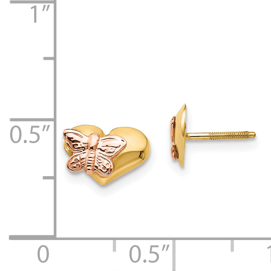 14K Gold Butterfly Heart Earrings with Polished Two-Tone Design