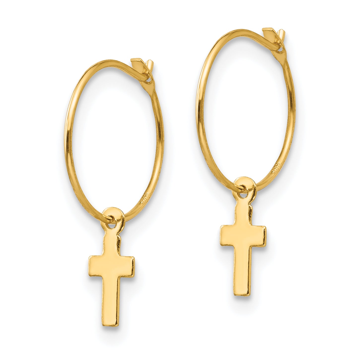 14K Gold Polished Hoop Earrings with Cross Charm for Women