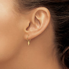 14K Gold Polished Hoop Earrings with Cross Charm for Women