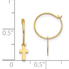 14K Gold Polished Hoop Earrings with Cross Charm for Women