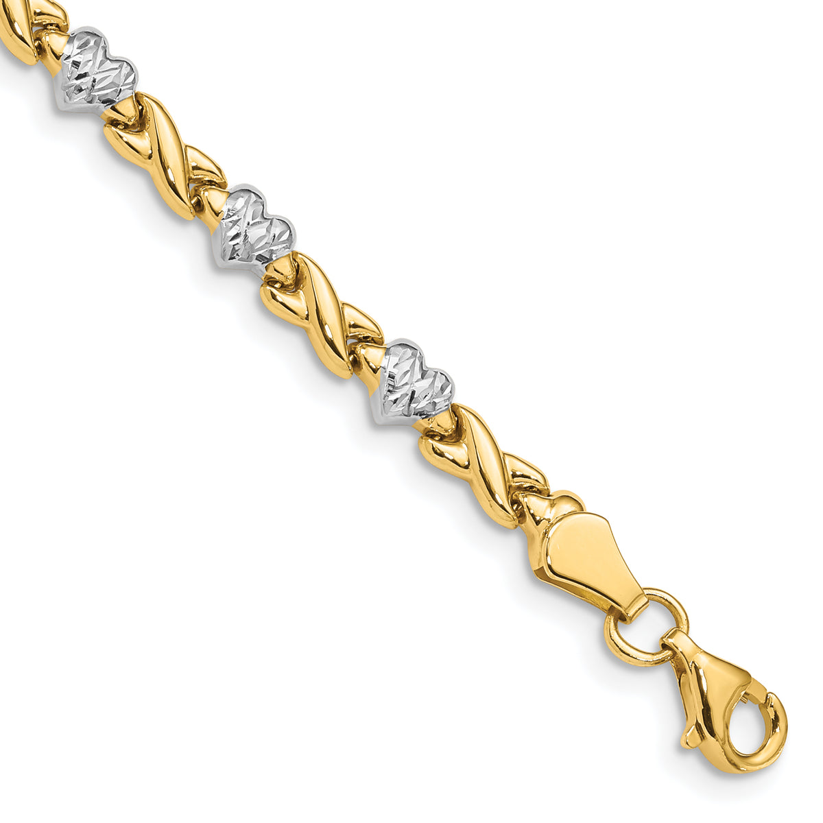 14k w/Rhodium Polished Heart and X Bracelet