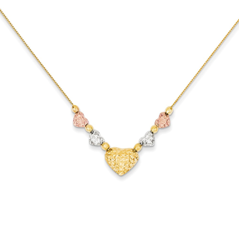 14K Tri-color Puff & Flat Hearts Necklace