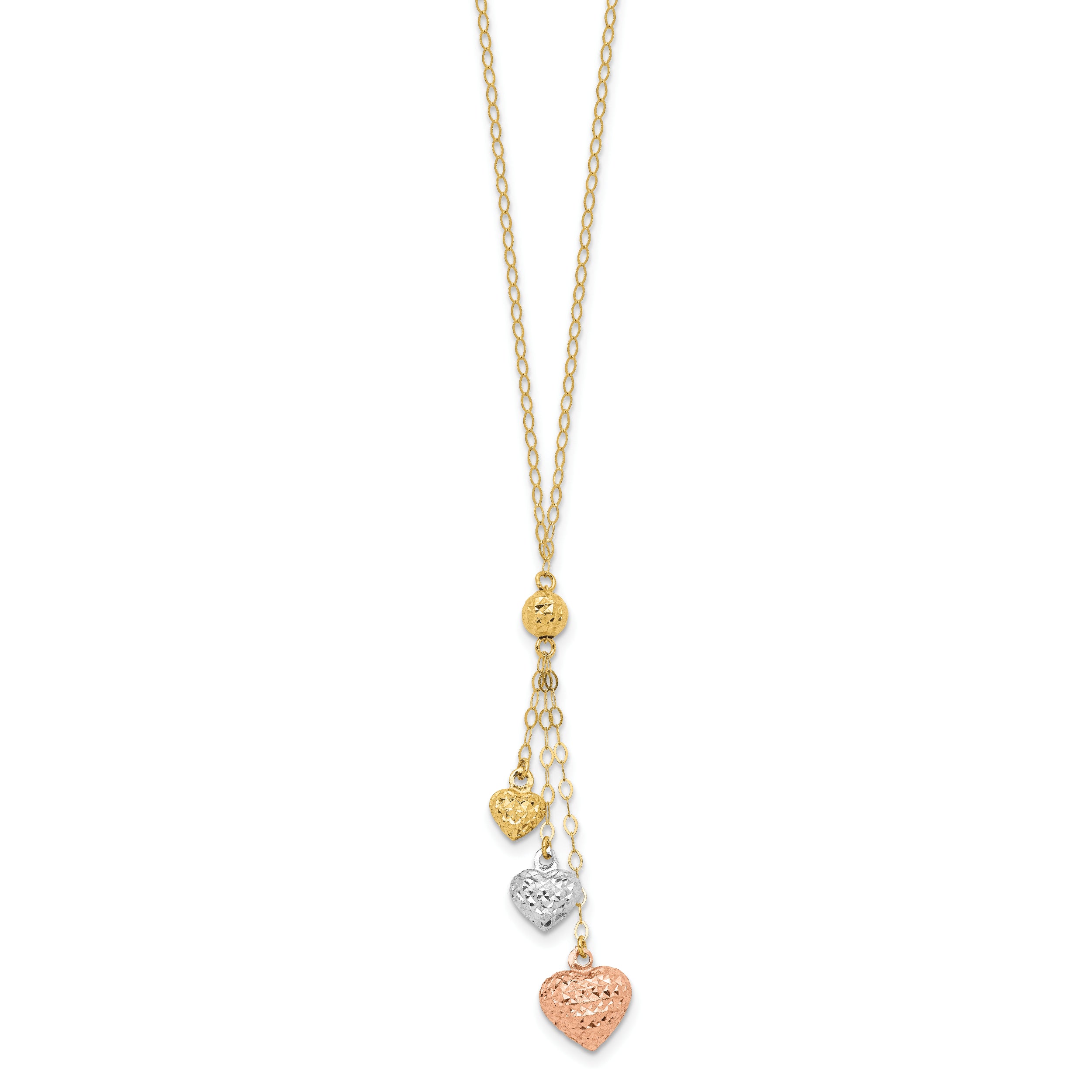 14k Tri-color Puff Heart Lariat with 2in ext Necklace