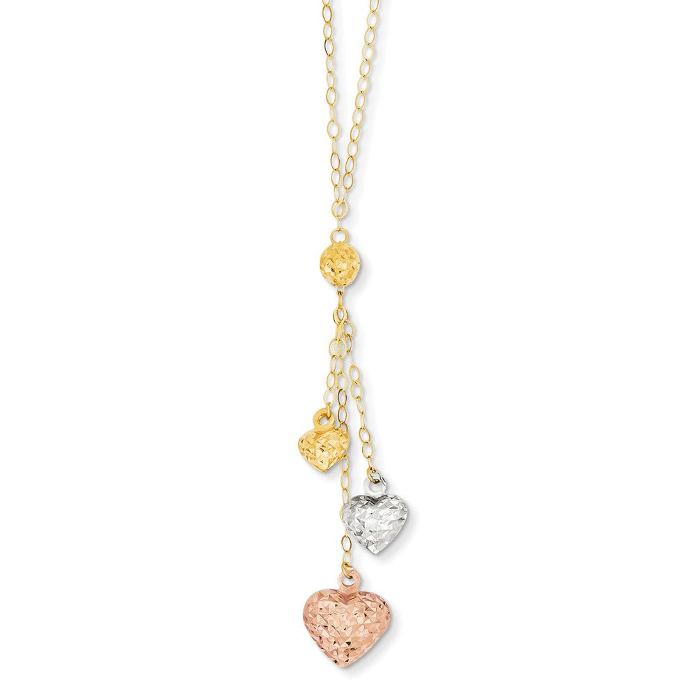 14K Tri-color Puff Heart Lariat with 2in ext Necklace