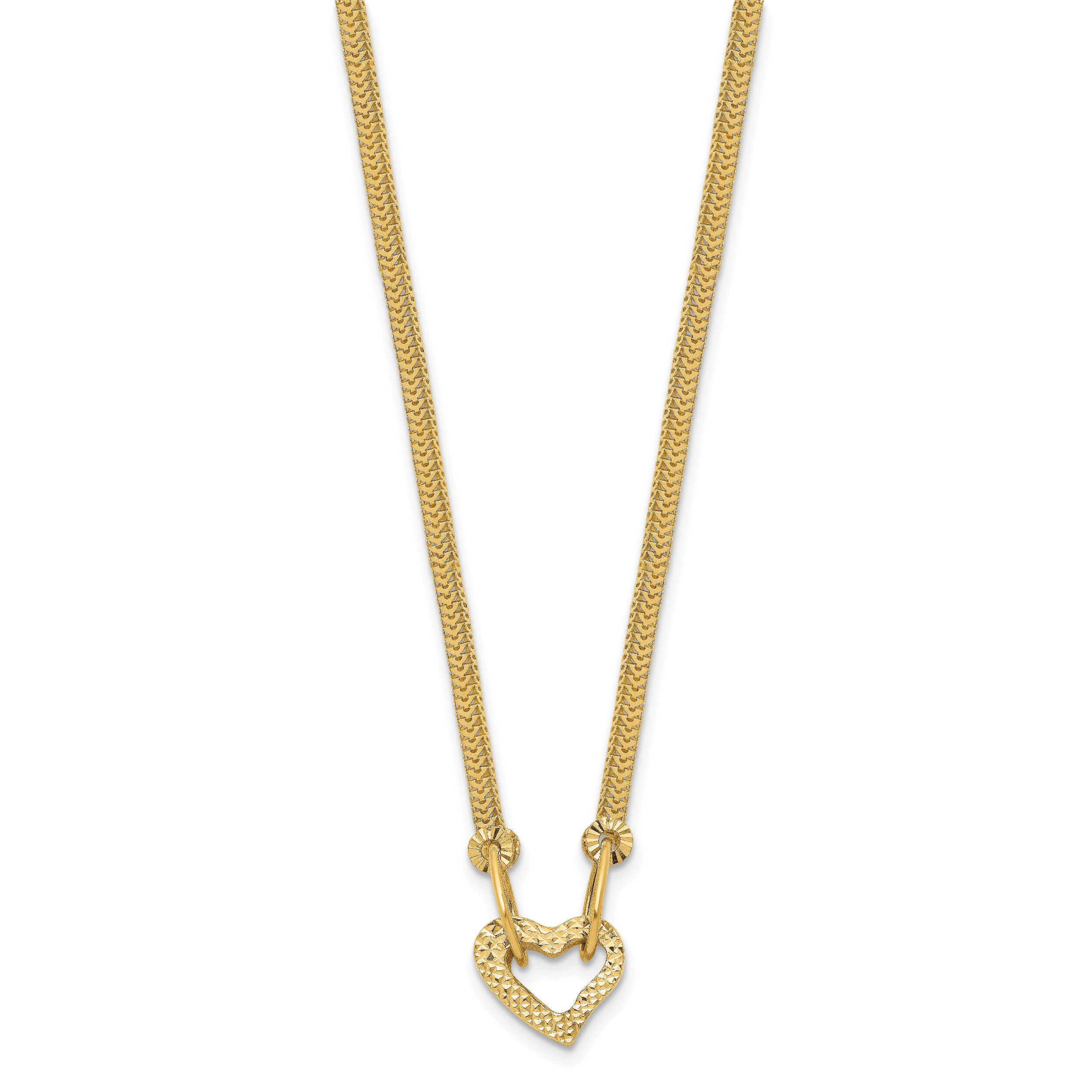 14K Gold Fancy Franco Diamond Cut Puff Heart 2in Ext Necklace