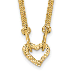 14K Gold Fancy Franco Diamond Cut Puff Heart 2in Ext Necklace