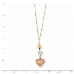 14K Tri-color Ropa Diamond Cut Beads & Heart w/ 2in Ext Necklace