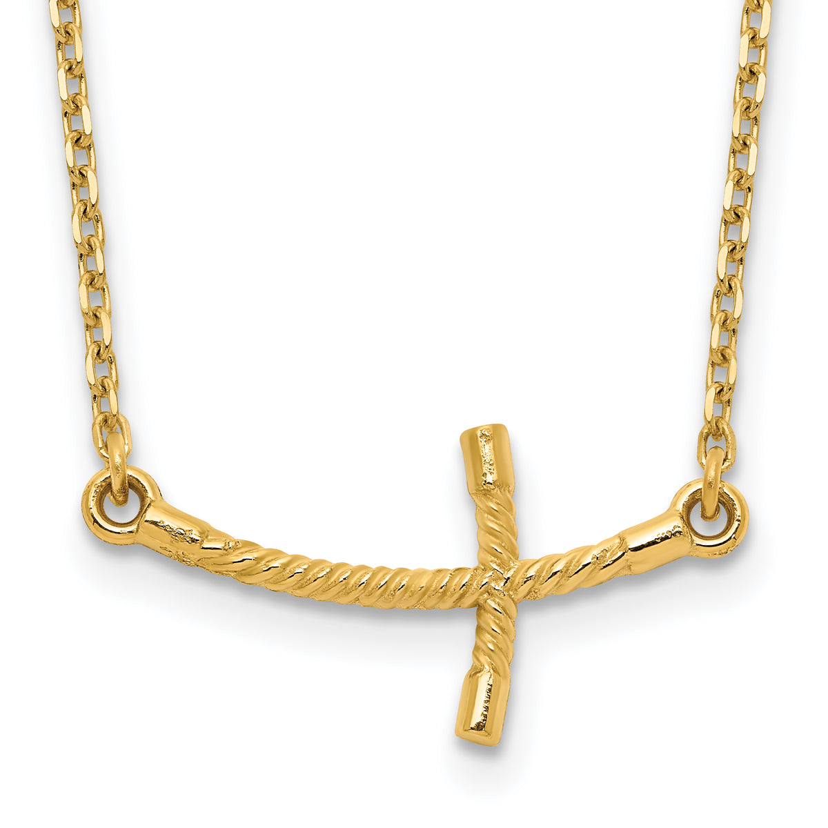 14k Small Sideways Curved Twist Cross Necklace