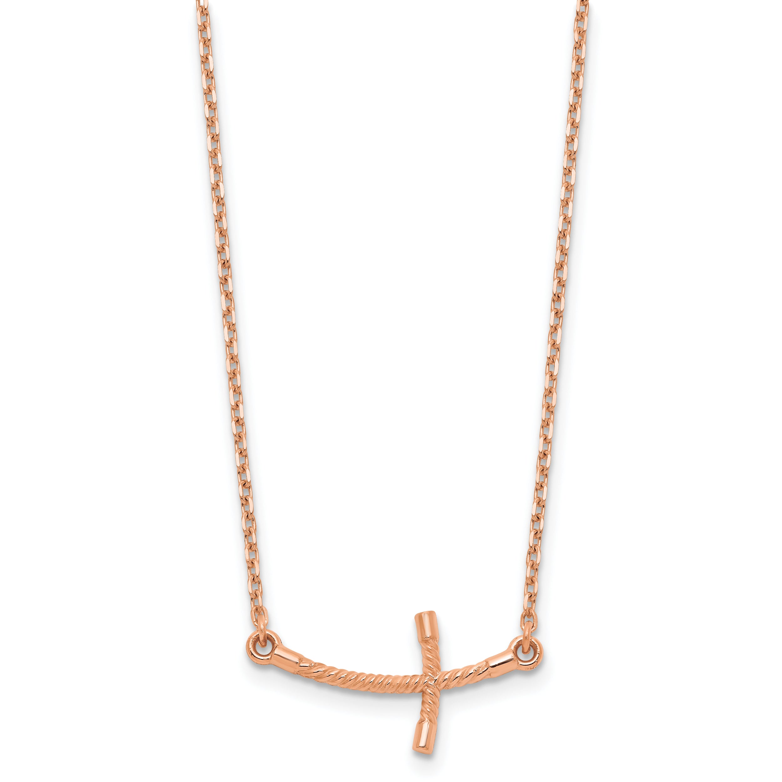 14k Rose Gold Small Sideways Curved Twist Cross Necklace