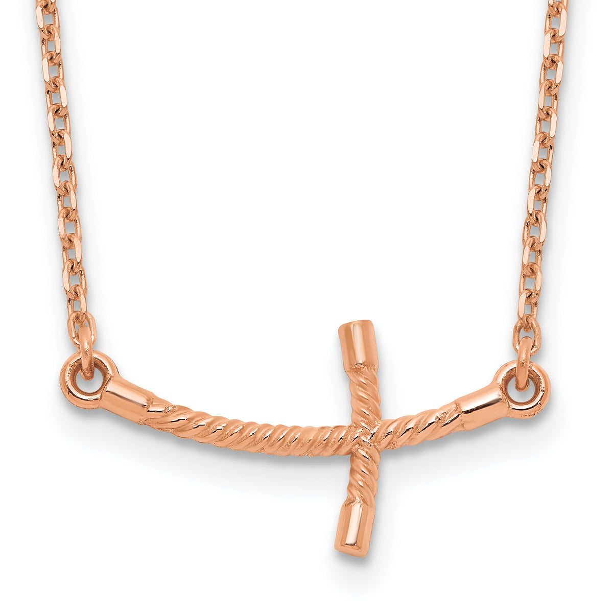 14k Rose Gold Small Sideways Curved Twist Cross Necklace