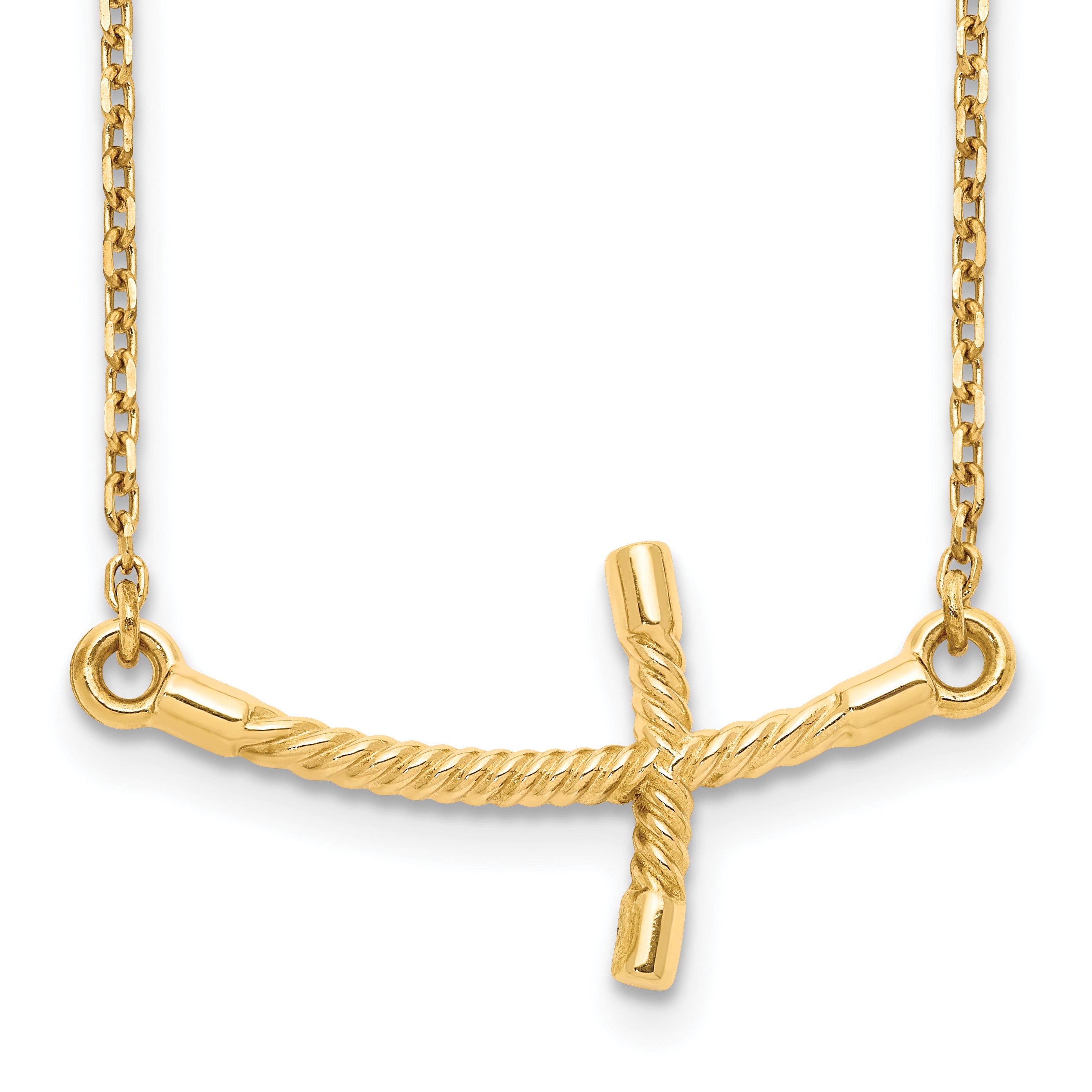 14k Large Sideways Curved Twist Cross Necklace