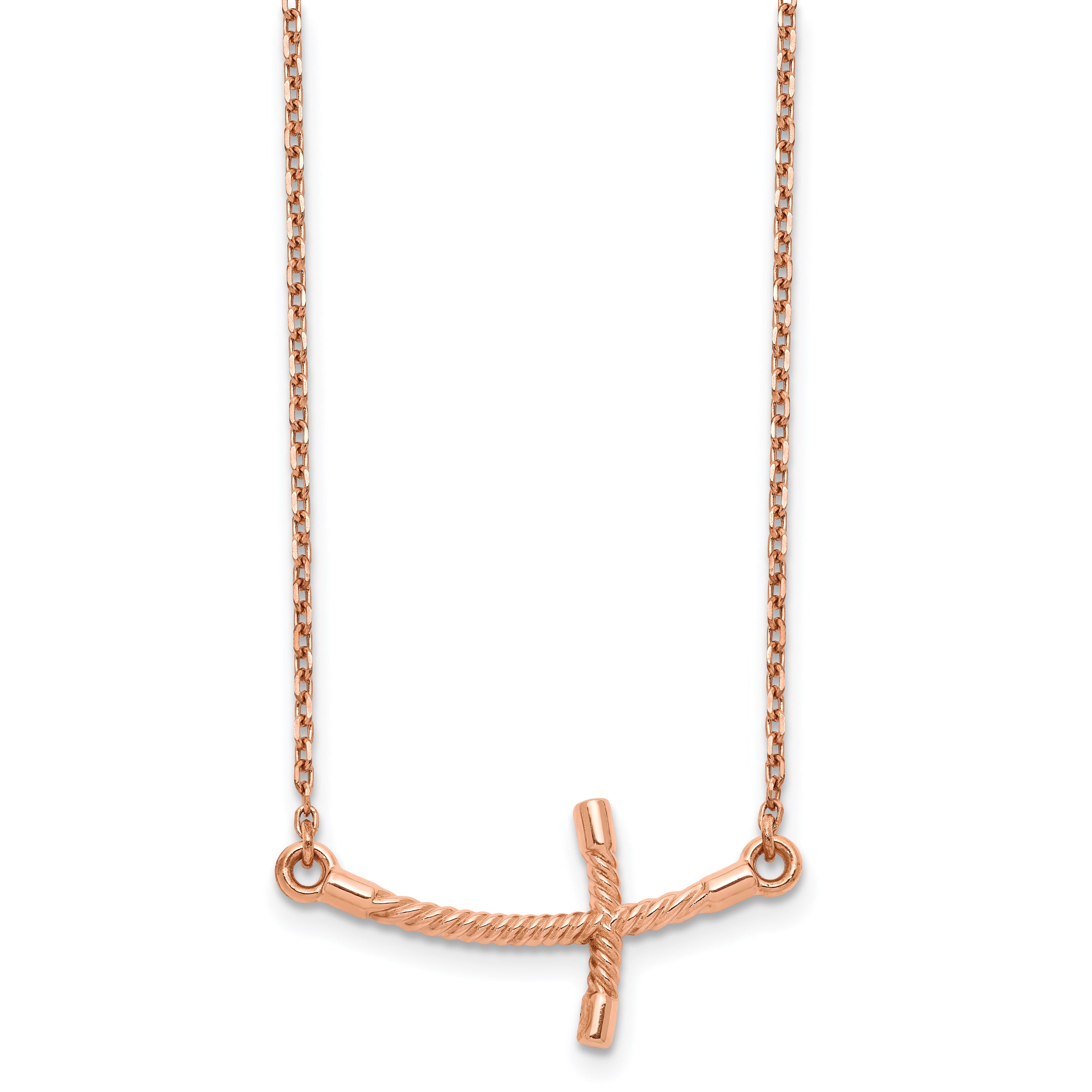 14k Rose Gold Large Sideways Curved Twist Cross Necklace