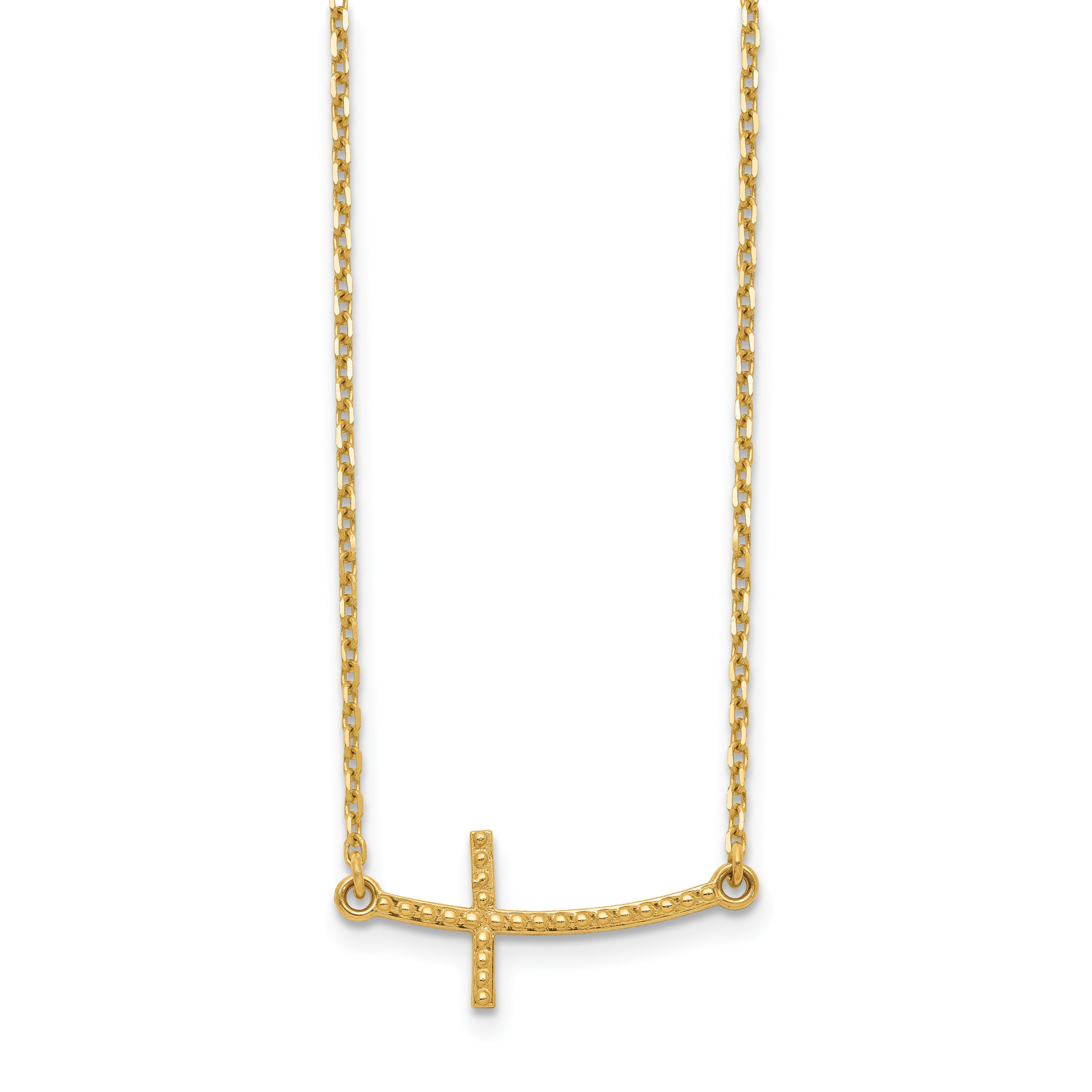 14k Sideways Curved Textured Cross Necklace