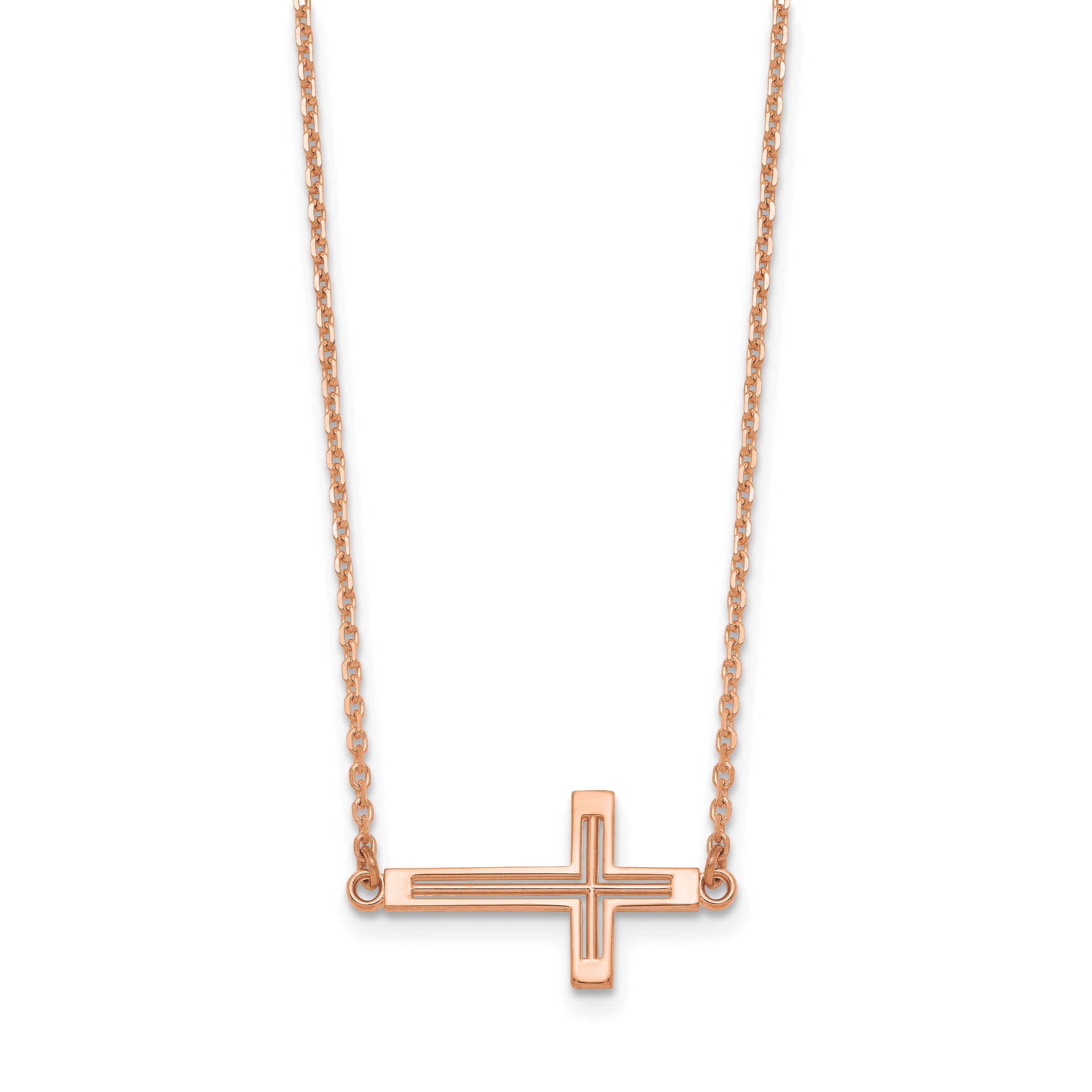 14k Rose Gold Sideways Cut-out Cross Necklace