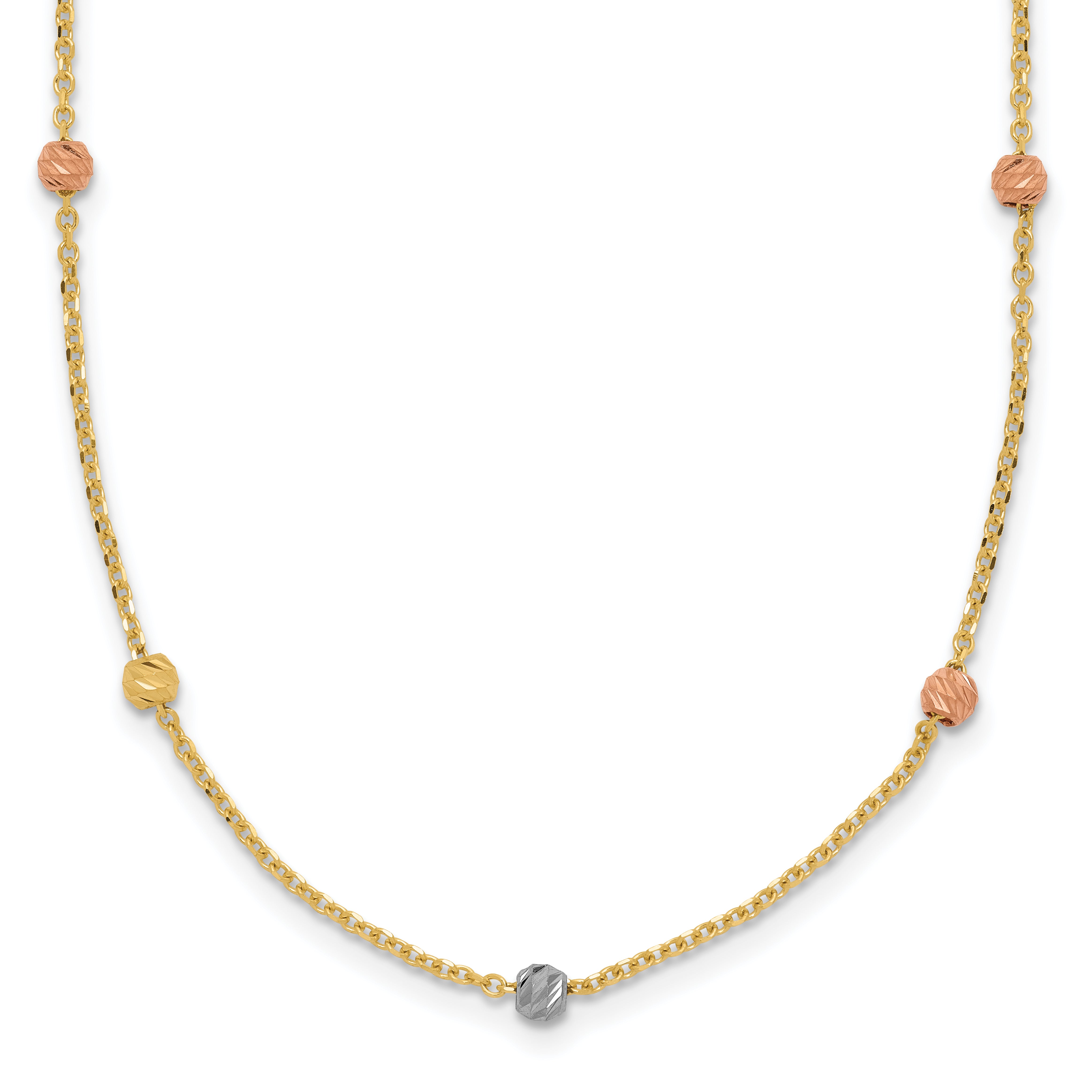 14k Tri-color Polished & D/C Beaded Necklace