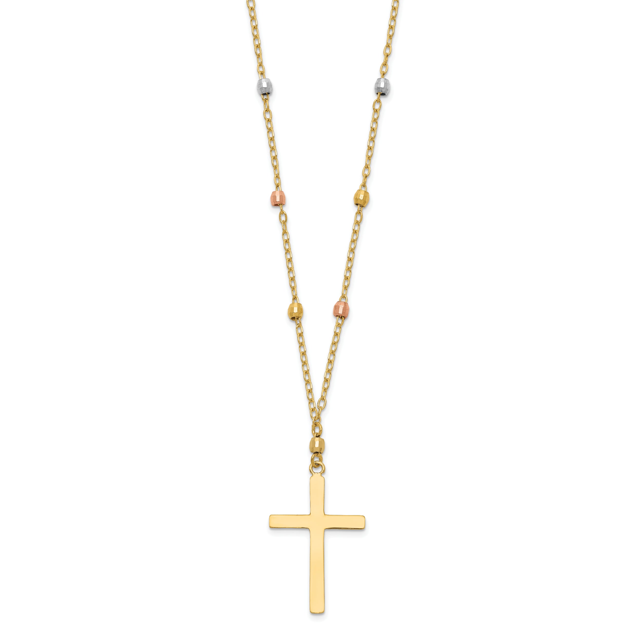 14K Tri Colored Gold Diamond Cut Beaded Cross Necklace