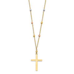 14K Tri-Color Gold Diamond-Cut Beaded Cross Necklace for Women