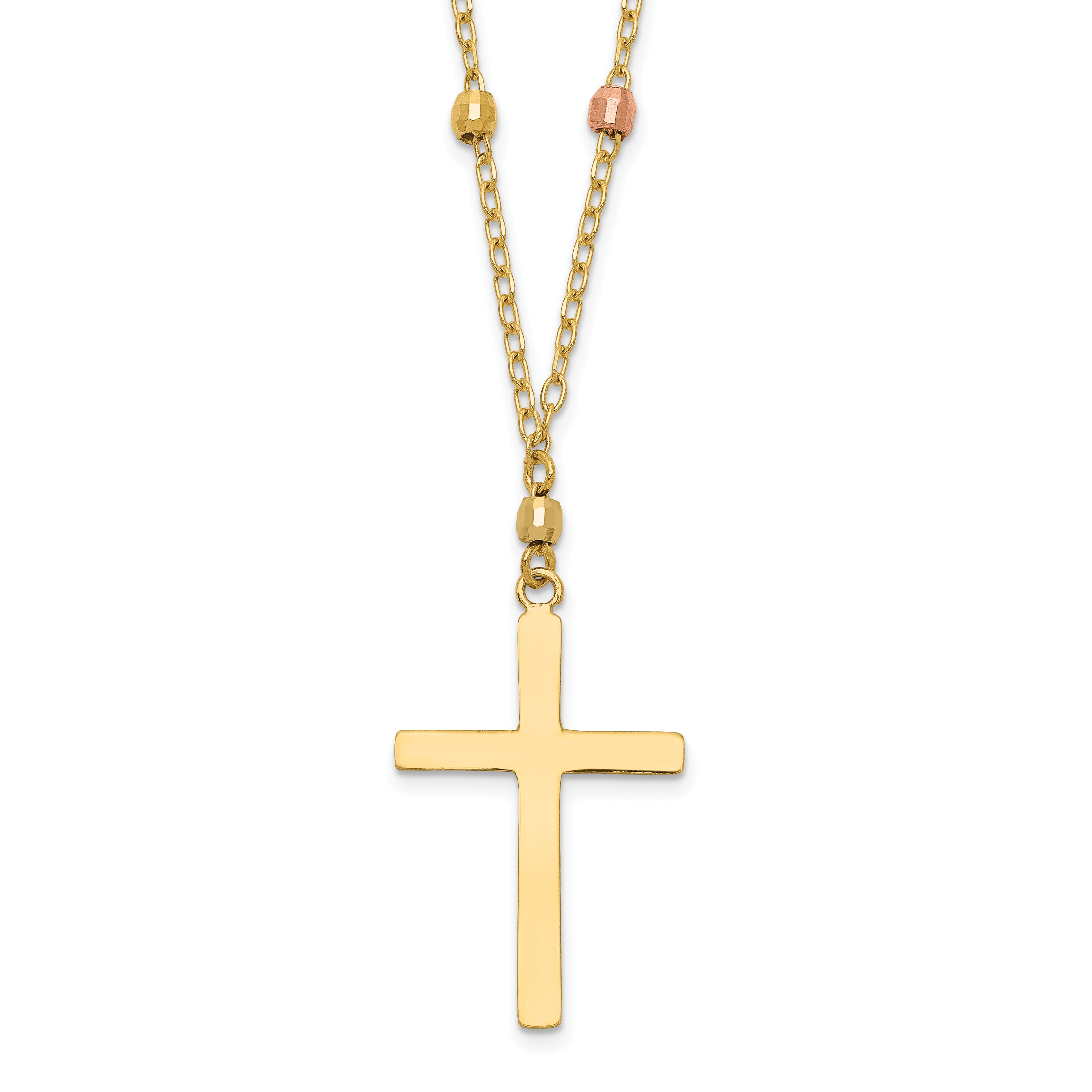 14K Tri Colored Gold Diamond Cut Beaded Cross Necklace