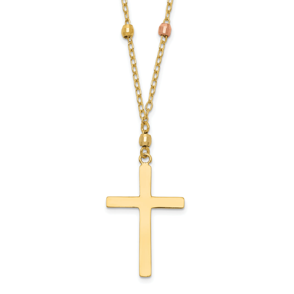 14K Tri Colored Gold Diamond Cut Beaded Cross Necklace