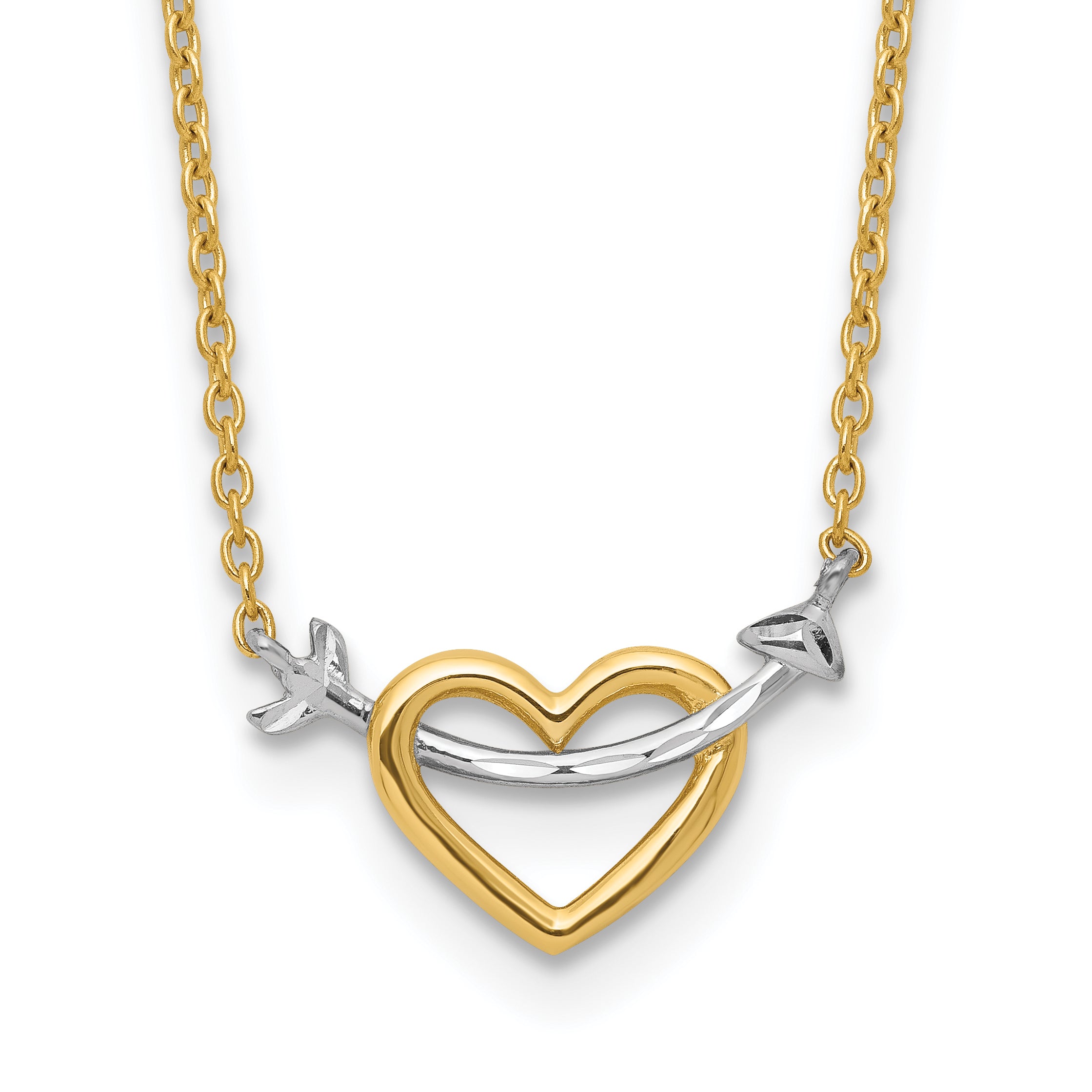 14k w/Rhodium Diamond-cut Heart & Arrow Necklace