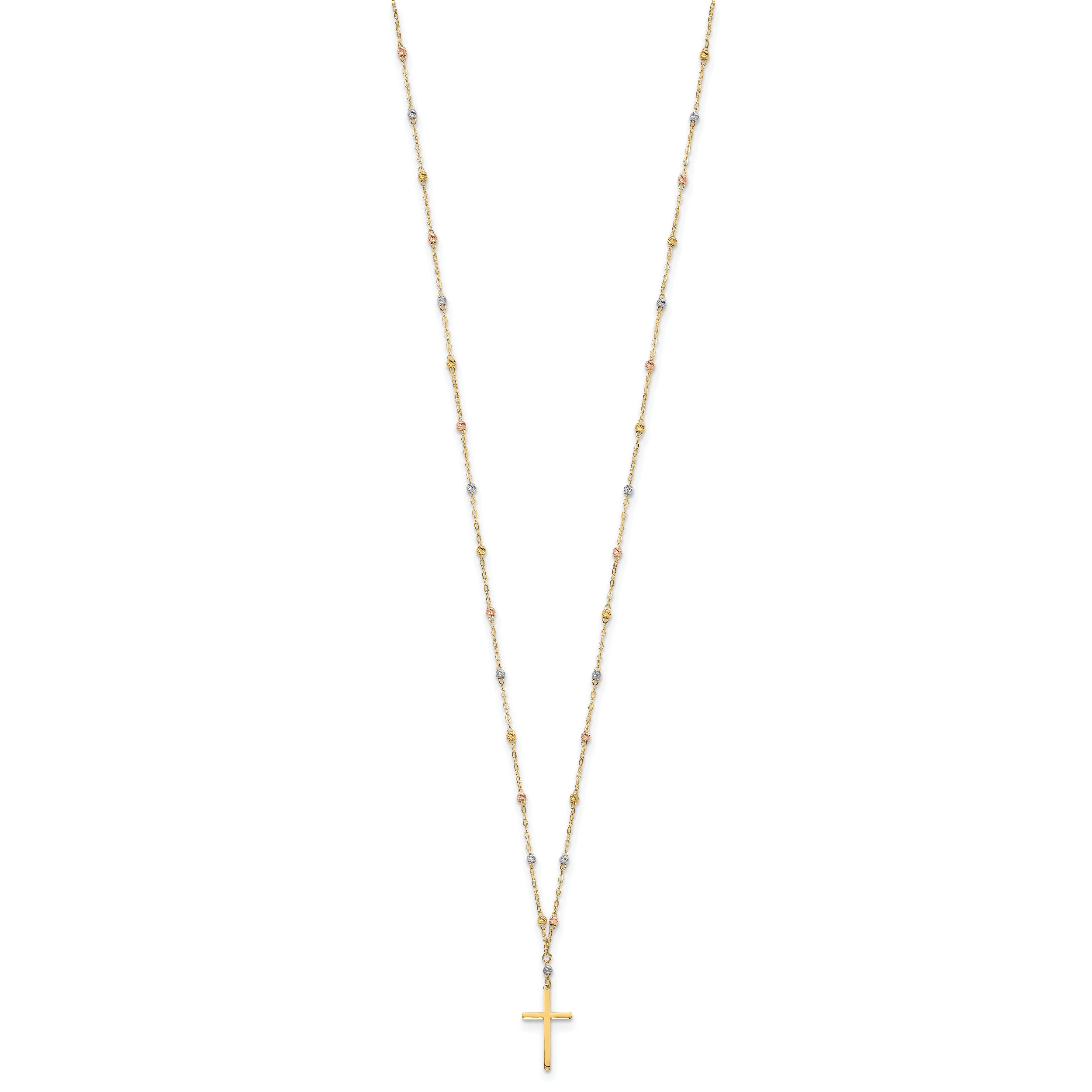 14k Tri-color Diamond-cut Beaded Polished Cross Necklace