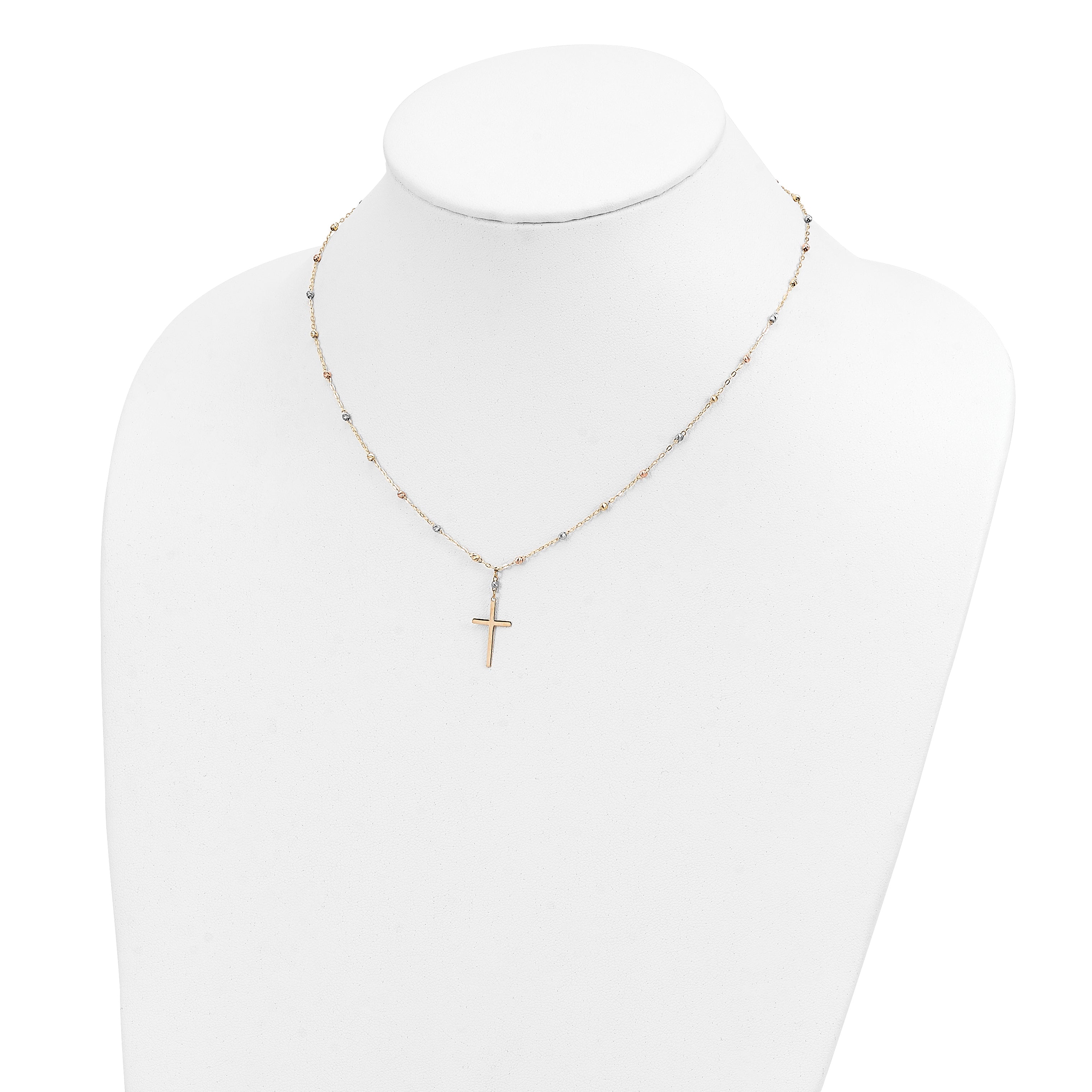 14k Tri-color Diamond-cut Beaded Polished Cross Necklace