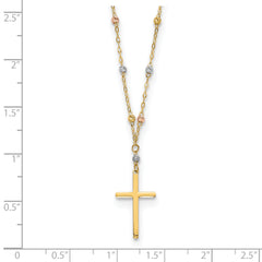 14k Tri-color Diamond-cut Beaded Polished Cross Necklace