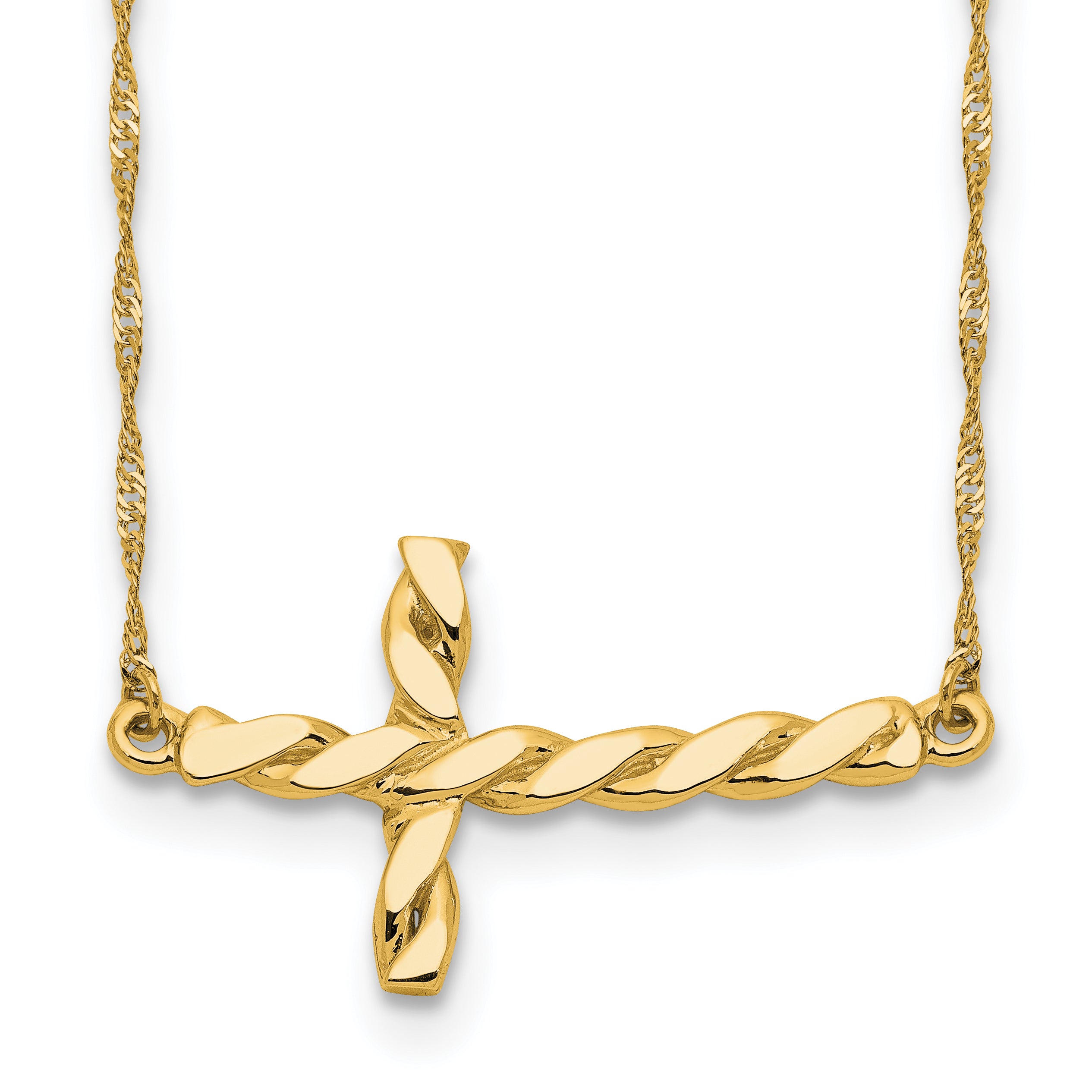 14k Polished Twisted Sideways Cross 17 inch Necklace