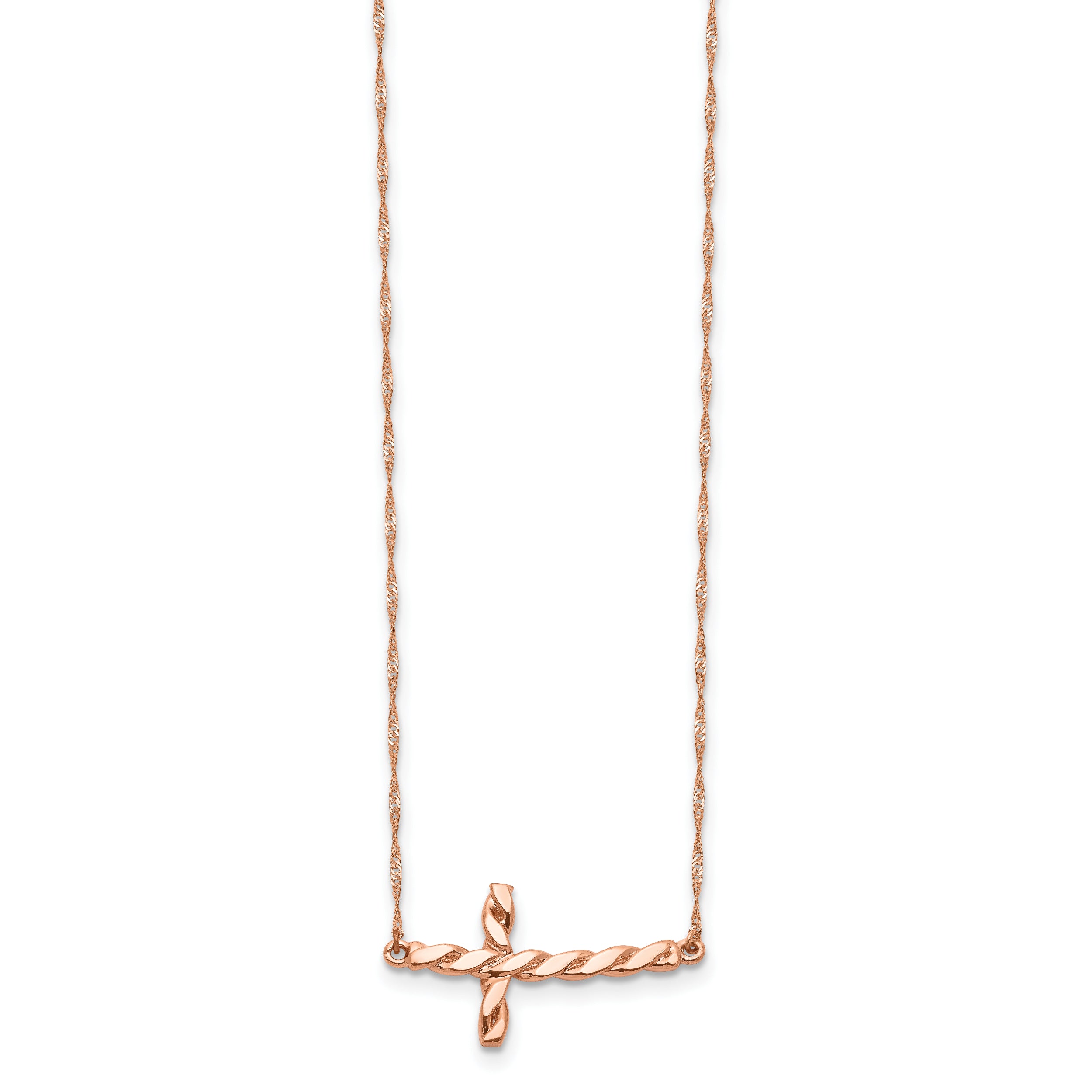 14k Rose Gold Polished Twisted Sideways Cross 17 inch Necklace