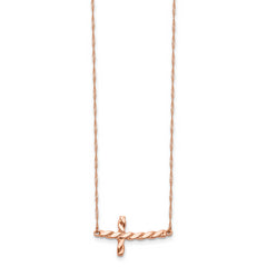 14k Rose Gold Polished Twisted Sideways Cross 17 inch Necklace