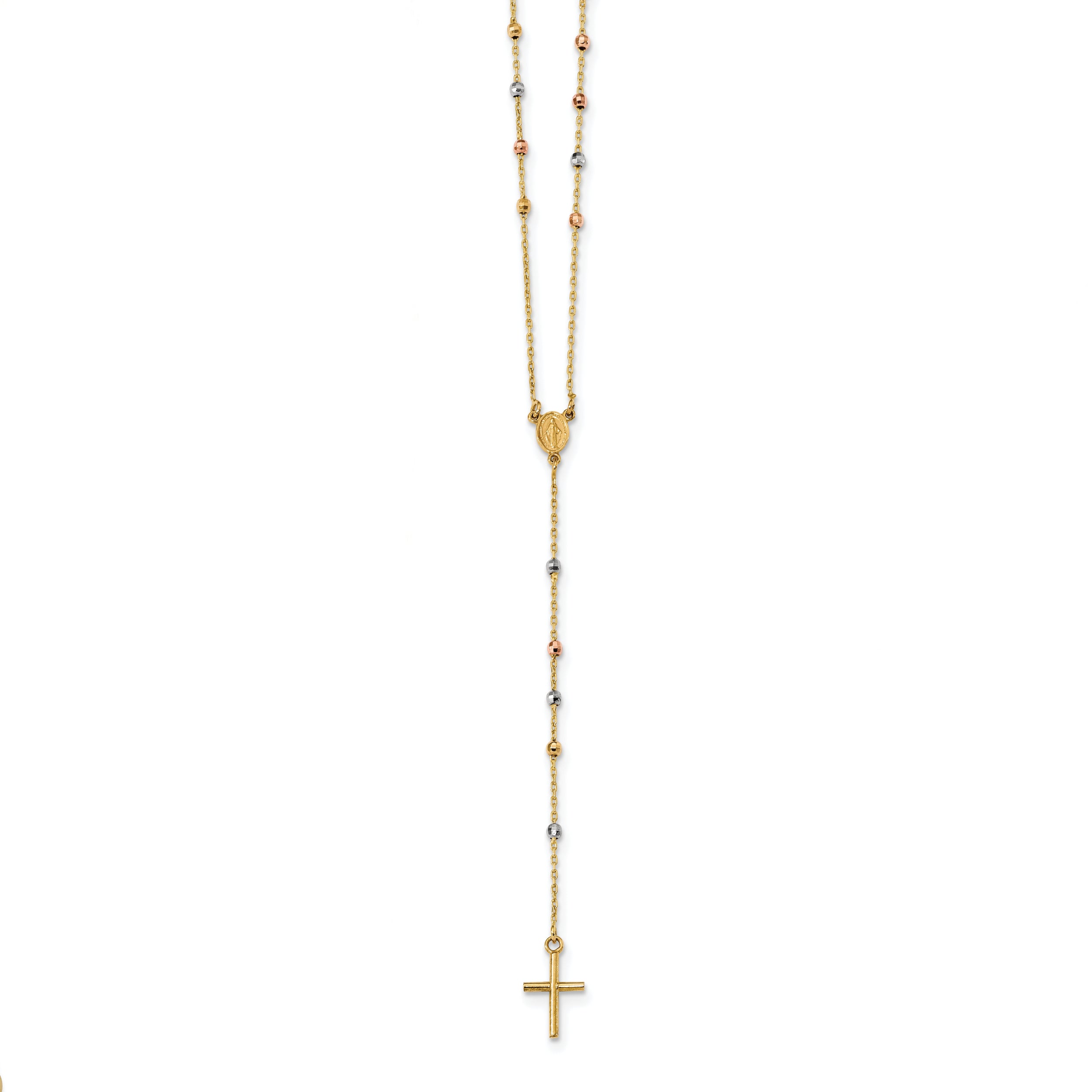 14k Tri-color Polished Bead Rosary Hollow Miraculous Medal 24 inch Necklace