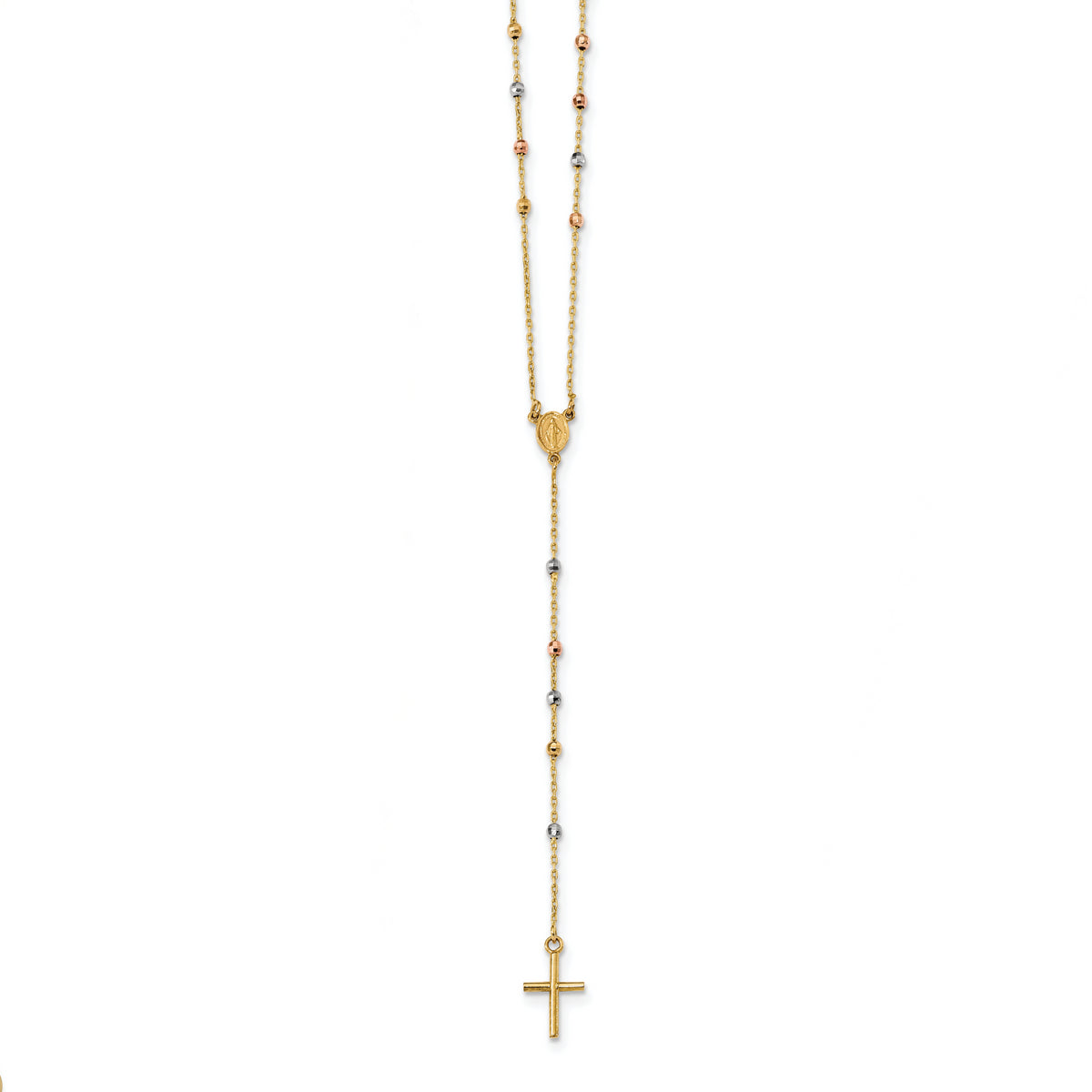 14k Tri-color Polished Bead Rosary Hollow Miraculous Medal 24 inch Necklace