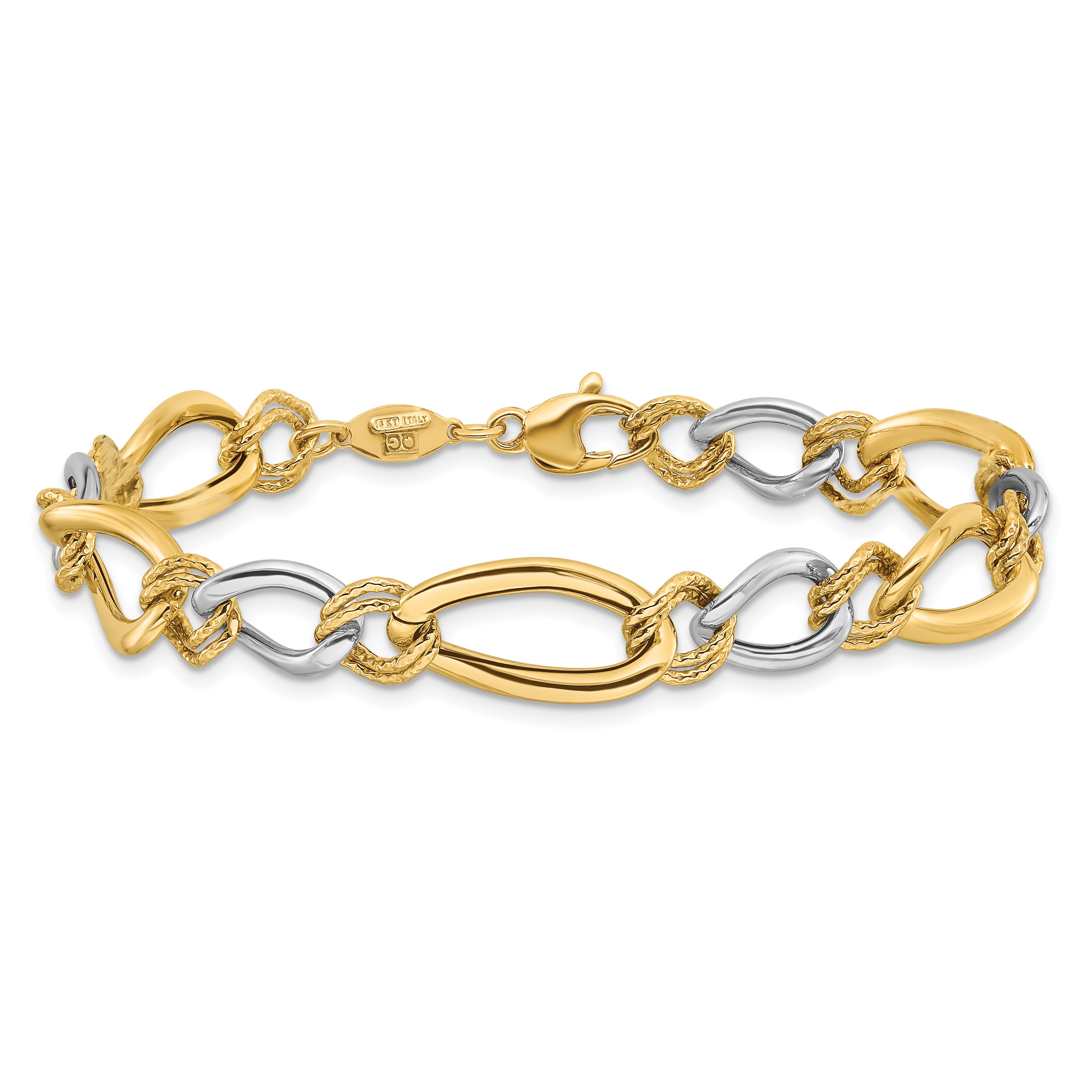 14K Two-tone Polished & Textured Fancy Oval Curb Bracelet