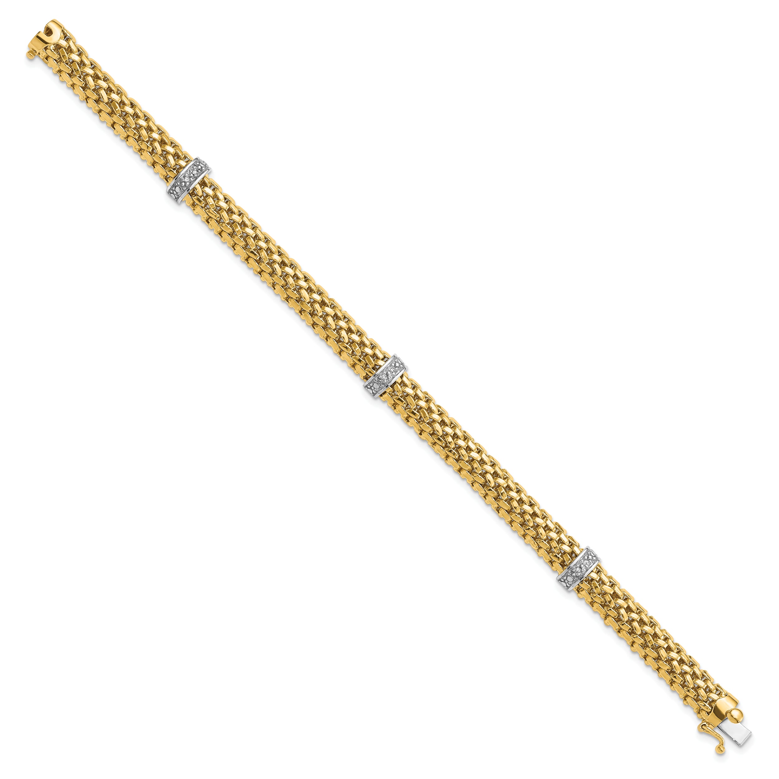 14k Two-Tone 7.25in .05ct Completed Polished Diamond & Mesh Bracelet