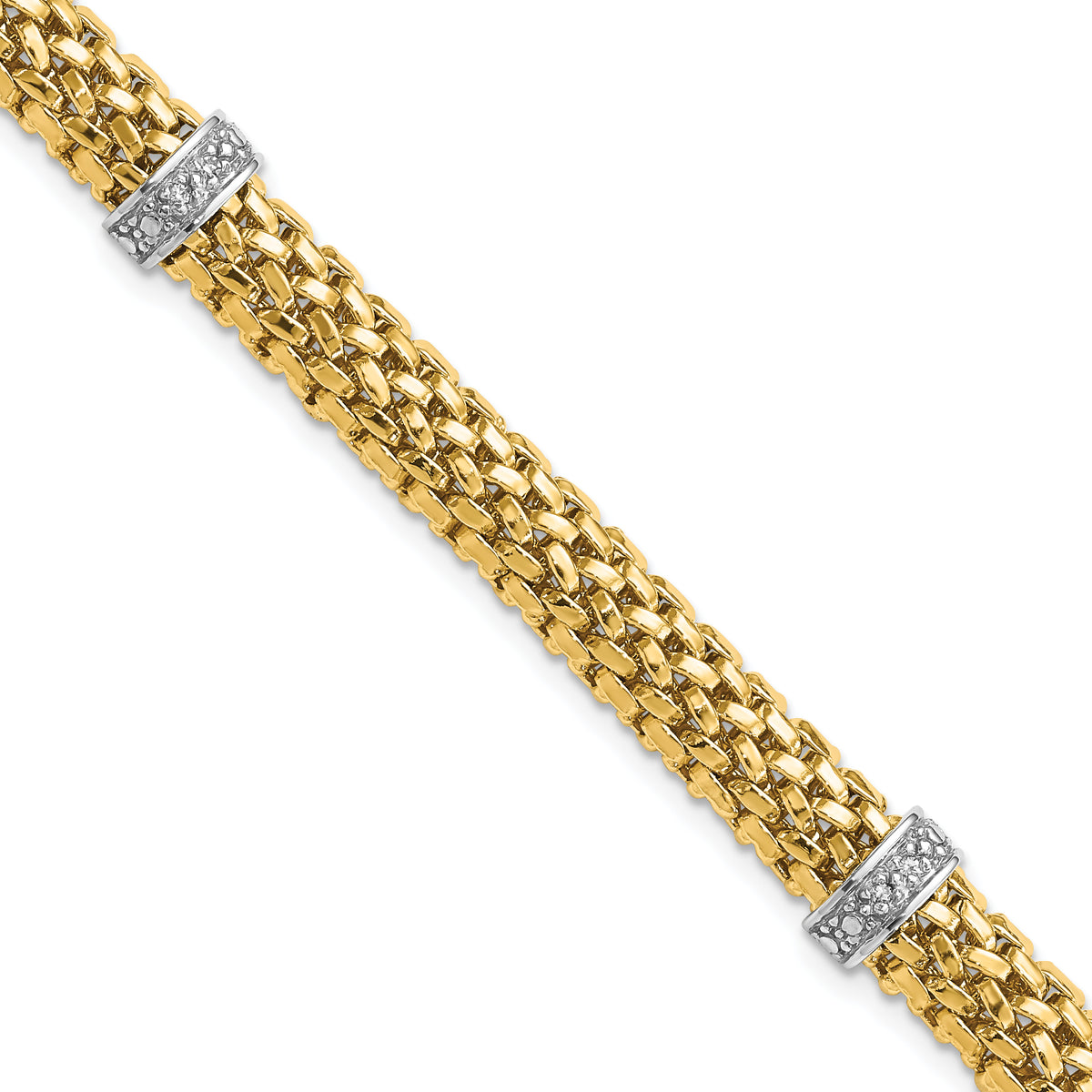 14k Two-Tone 7.25in .05ct Completed Polished Diamond & Mesh Bracelet