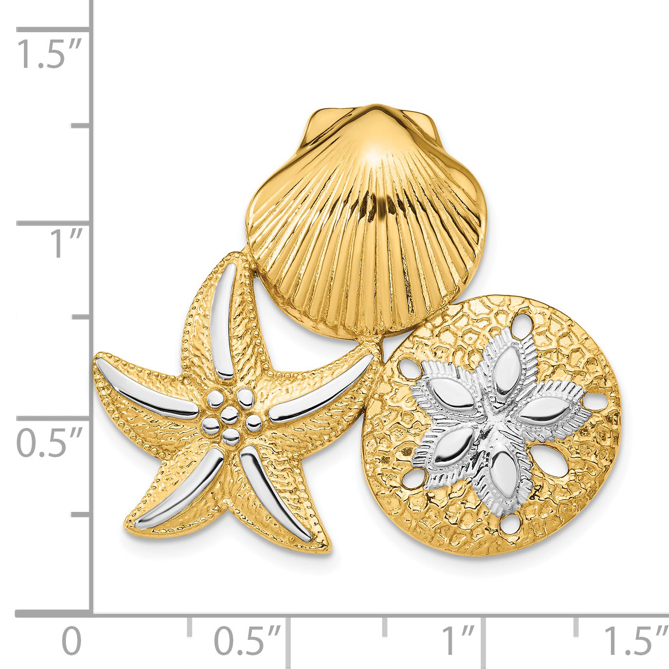 14k with White Rhodium Scallop, Starfish and Sand Dollar Slide