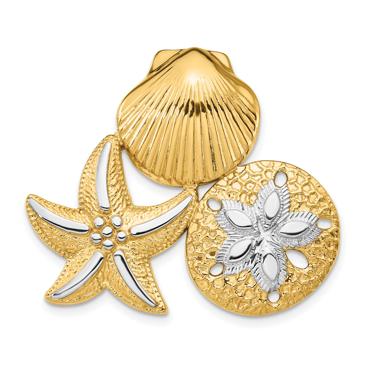 14k with White Rhodium Scallop, Starfish and Sand Dollar Slide