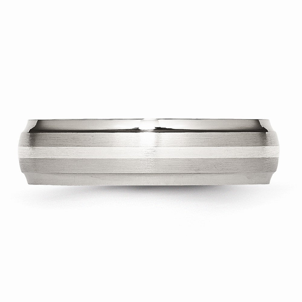 Stainless Steel Sterling Silver Inlay Ridged Edge Brushed and Polished Band