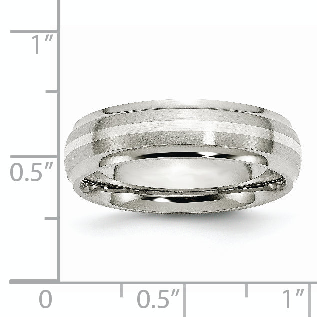 Stainless Steel Sterling Silver Inlay Ridged Edge Brushed and Polished Band