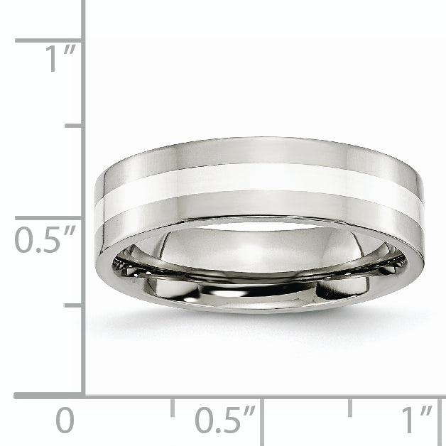 Stainless Steel WithSterling Silver Inlay Polished 6mm Flat Band