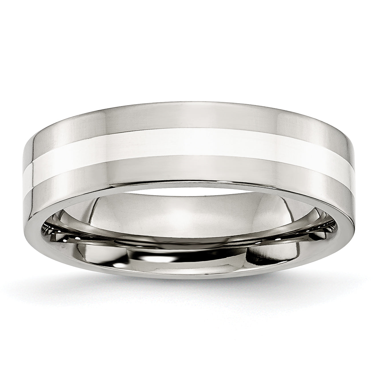 Stainless Steel WithSterling Silver Inlay Polished 6mm Flat Band