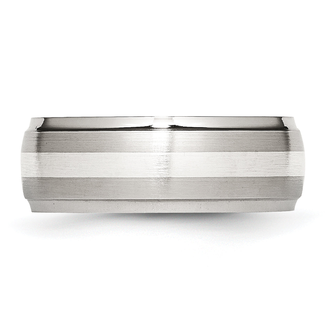 Stainless Steel Sterling Silver Inlay Brushed and Polished 8mm Ridged Edge Band