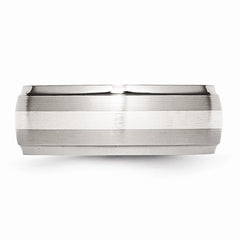 Stainless Steel Sterling Silver Inlay Ridged Edge Brushed and Polished Band