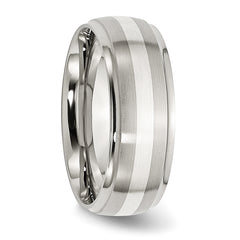 Stainless Steel Sterling Silver Inlay Brushed and Polished 8mm Ridged Edge Band