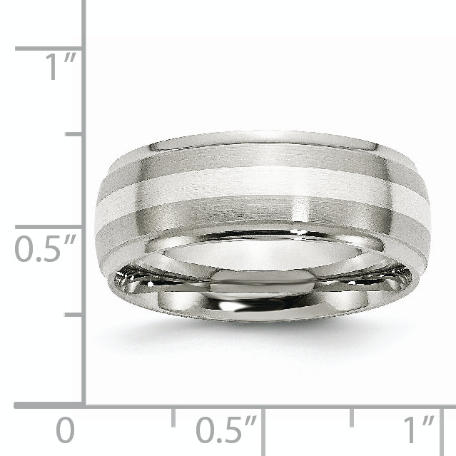 Stainless Steel Sterling Silver Inlay Brushed and Polished 8mm Ridged Edge Band